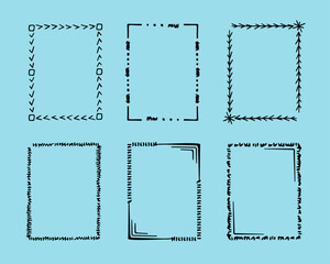 Rectangular doodle frame stamp set, hand-drawn original creative engagement monograms. Edgings cadres with graphic elements, design photo decoration greeting cadres. Isolated. Vector illustration