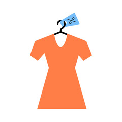 Clothing on clothing rack, discount flat dress sundress women's clothing clothes. Fashion retail offer, wear on hanging. Supermarket markdown, thrifty purchase in store. Isolated. Vector illustration.