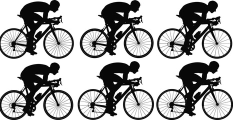 Cyclist racing bicycle silhouette illustration set showing road cycling athletes in aerodynamic positions, competitive sport action poses, black vector icons isolated on white