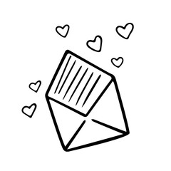 Love letter envelope with hearts, hand-drawn doodle romantic message mail. Romantic feelings, festive design Valentine's Day, drawing by ink, pen, marker. Isolated. Vector illustration