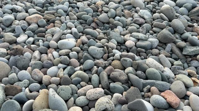 Assorted smooth beach pebbles in natural colors and textures, suitable as a background
