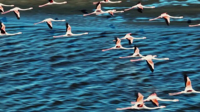 Beautiful flamingos flying low over calm water in Namibia. Elegant birds in motion with reflections on the water surface