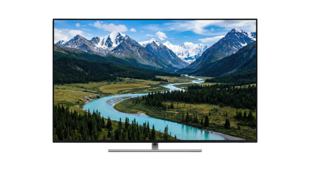 Modern flat screen television displaying a beautiful mountain landscape with a winding river and forest