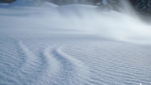 Close-up of wind blowing and drifting snow across a textured landscape. A ground blizzard sweeps over a frozen winter field. Extreme cold weather conditions