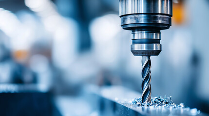 Close-up of a power drill driving a screw into a steel frame, metallic shavings, industrial assembly ritual, cool blue-toned workshop lighting, macro photography, sharp focus on th
