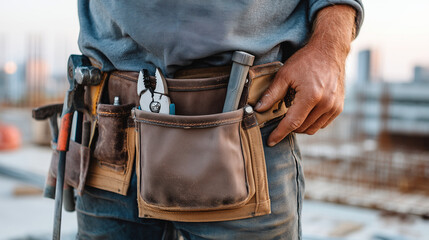 Close-up of a heavy-duty tool belt worn by a worker, hammer and pliers visible, leather texture, preparation for work ritual, soft morning light, blurred construction site backgrou