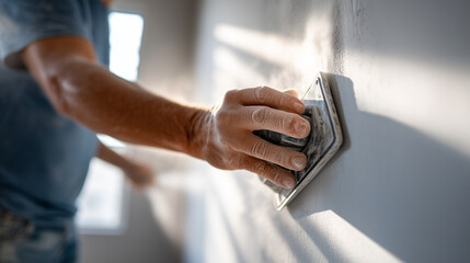Interior finisher sanding a drywall, fine white dust on clothes and in sunbeams, calm focused ritual, bright window light, sharp focus on the texture of the wall and dust particles