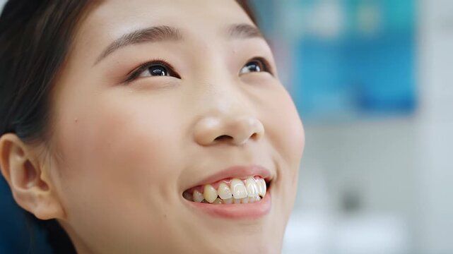 Smiling Asian woman at dentist for teeth whitening and dental healthcare treatment. Confident person with healthy smile.