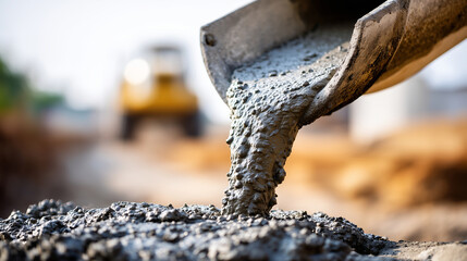 Detailed shot of a concrete mixer pouring wet cement into a foundation, heavy texture, construction beginning ritual, afternoon sun, sharp focus on the flowing liquid stone, with c