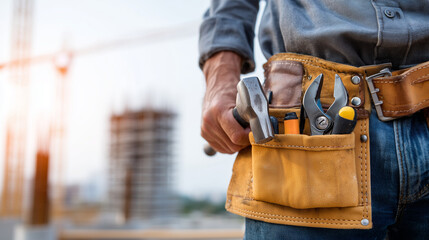 Close-up of a heavy-duty tool belt worn by a worker, hammer and pliers visible, leather texture, preparation for work ritual, soft morning light, blurred construction site backgrou