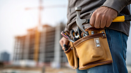 Close-up of a heavy-duty tool belt worn by a worker, hammer and pliers visible, leather texture, preparation for work ritual, soft morning light, blurred construction site backgrou