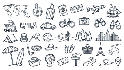 Fototapeta premium Collection of various travel-related icons on a plain white background, including landmarks, vehicles, and accessories, depicted in a simple line art style