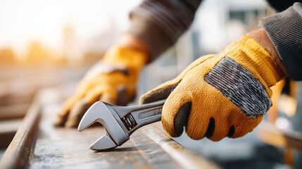 Close-up of worker's hands in heavy-duty protective gloves tightening a bolt with a wrench, professional safety ritual, bright sunlight, sharp focus on the texture of the gloves an