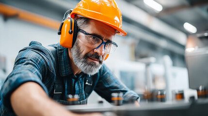 Industrial worker in full PPE including ear muffs, safety glasses, and hard hat, operating professional machinery, focused expression, bright workshop lighting, sharp focus, with c