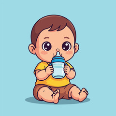 Cute Baby Boy Drinking Milk From Bottle Cartoon.
