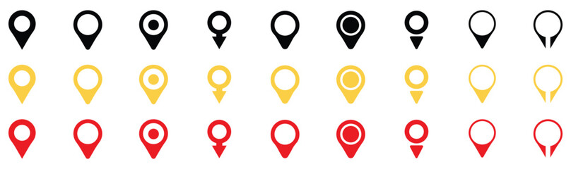 Location or map colorful icons. Black red and yellow Location or map pin icon symbol Map pin place marker.Vector illustration