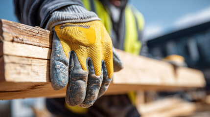 Construction worker's hands in grip-coated safety gloves carrying a heavy wooden beam, visible wood texture and sawdust, bright outdoor daylight, sharp focus on the gloves, with co