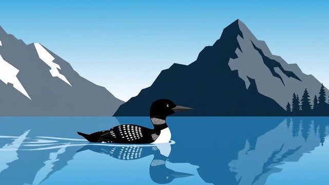 Animated Wilderness Scenery With Loon Floating On Lake With Mountain Backdrop