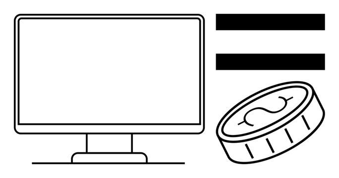 Monitor beside currency coin and equal sign representing online earning or payment. Ideal for digital economy, e-commerce, financial technology, payroll, remote work, entrepreneurship, modern