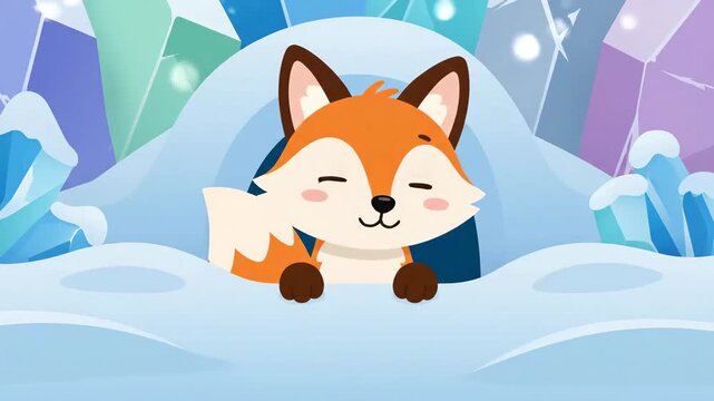 Animated Winter Fox Cub Peeking From Igloo Den In A Snowdrift Field Background