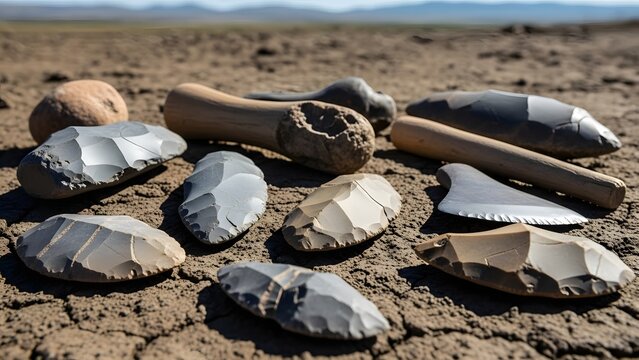 Ancient stone tools displayed on earthy surface for archaeological study