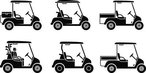 Golf cart silhouette icon set illustration showing different utility and passenger carts, electric resort vehicles, black vector symbols isolated on white background © Julfikar