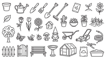 A collection of gardening tools and accessories illustrated in a simple black and white style