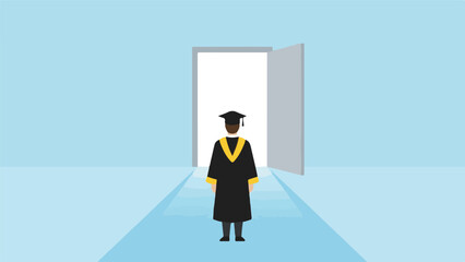 Graduate student facing an open door, symbolizing future and new opportunities