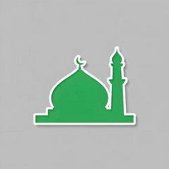 Green mosque silhouette with crescent moon and minaret.