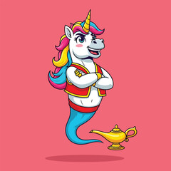 Unicorn Genie Character with Magic Lamp.