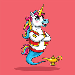 Unicorn Genie with Magic Lamp on Pink Background.