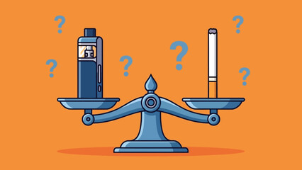 Vaping versus smoking comparison on a balance scale with question marks.
