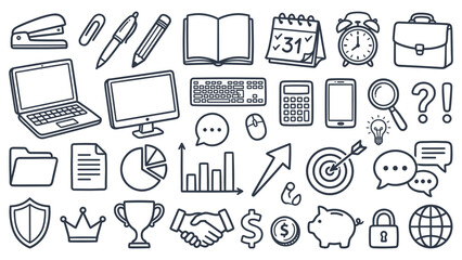 A collection of business and technology icons displayed on a white background, featuring office supplies, computers, and financial symbols