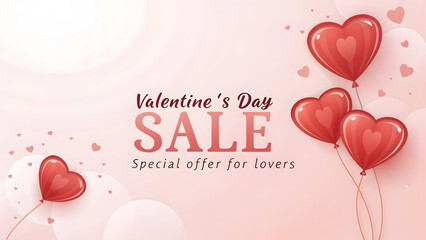 Valentine’s Day Sale Banner with Romantic Typography and Heart Decorations on Soft Background