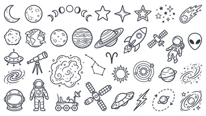 A collection of astronomy related illustrations including planets, spacecraft, and celestial phenomena © Ube