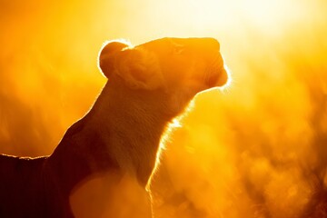 A majestic lion silhouetted against a golden sunset, symbolizing strength and beauty in the African savannah wilderness.