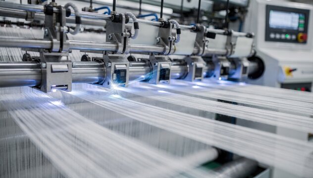 Medium shot showing a closeup zoom on the yarn evenness scanners optical sensors analyzing fiber consistency for optimized texturizing processes in industrial settings.