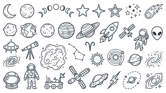 A collection of astronomy related illustrations including planets, spacecraft, and celestial phenomena