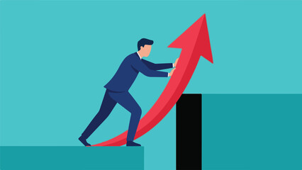 Businessman pushing upward red arrow over gap, symbolizing progress and overcoming obstacles.