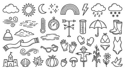 A collection of seasonal icons representing weather, clothing, and accessories in a simple line art style