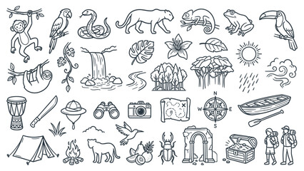 Simple line drawings of various adventure elements including animals, people, and outdoor activities