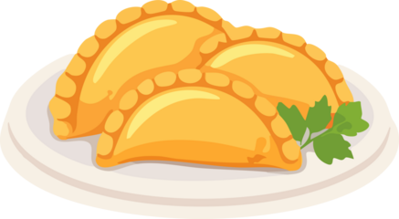 A cute flat-style illustration shows two golden dumplings on a plate with a small green herb garnish, rendered in a bright cartoon food style.