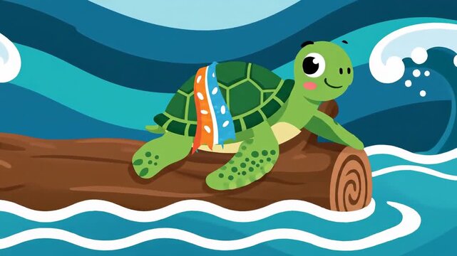 Animated Turtle Adrift On Wood Log Amidst Ocean Waves And Playful Aquatic Life Cartoon Style