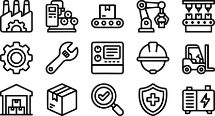 Industrial Manufacturing Factory Line Icons Vector  Set – Production Warehouse Machine Worker Engineer  Assembly Conveyor Gear Tool Outline Icon Pack UI Web App © Pixel_Forge