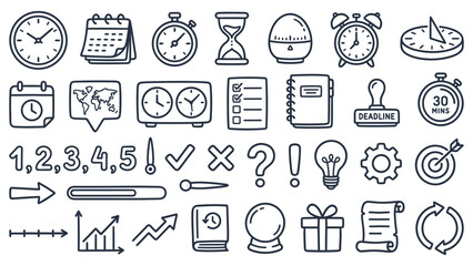 A collection of monochrome icons representing time, productivity, and organization on a white background viewed from directly above