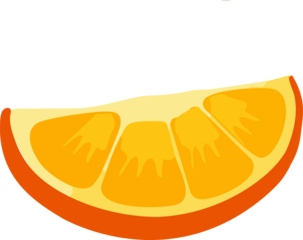 A bright flat illustration shows a juicy orange slice with vivid yellow pulp and a curved orange peel