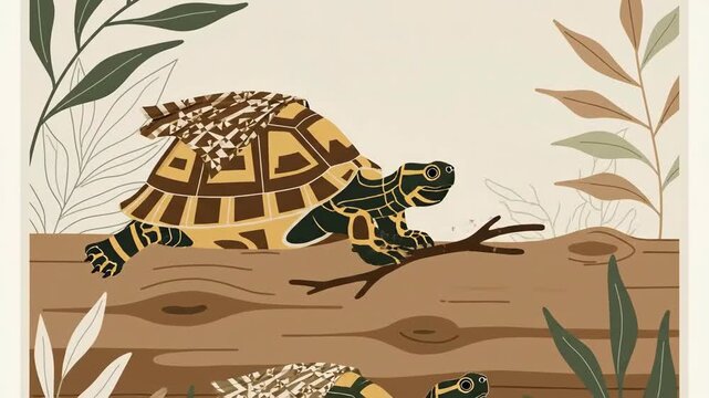 Animated Turtle Climbing Over Log In Lush Vegetation Seamless Cartoon Loop Video