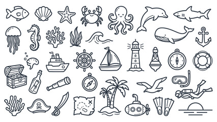 Collection of nautical illustrations featuring ocean creatures, travel symbols, and maritime elements in a minimalist style