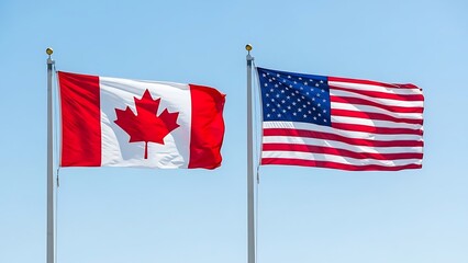 Canadian and american flags waving together against a clear blue sky