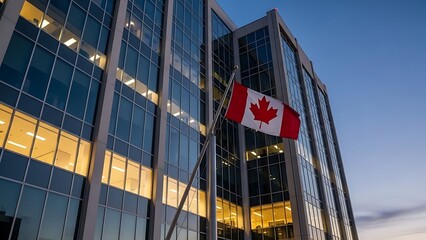 Canadian flag flying outside modern glass office building at dusk